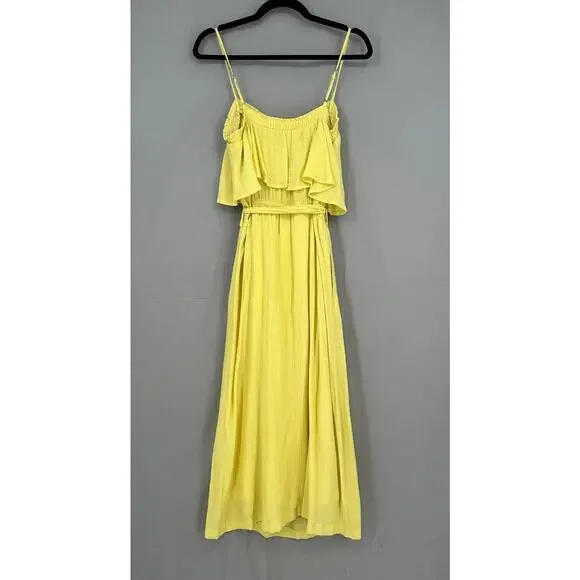 Victoria Sophia Dress Large Yellow Midi Pockets Belted Ruffle Cottage Boho Flowy - Picture 3 of 11